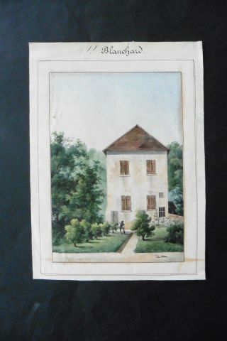 French School 19thc - A Gardenener Near A Mansion - Watercolor Sign.  Blanchard