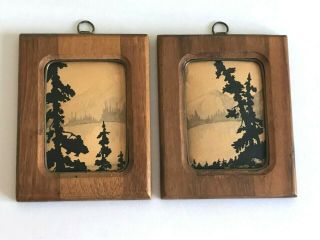 Vintage Pair Miniature Mountain Scenes Ink Drawings In American Walnut Frames