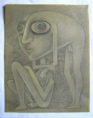 Victor Brauner.  A Surrealist Pencil & Pastel Study Of A Couple On Grey Paper