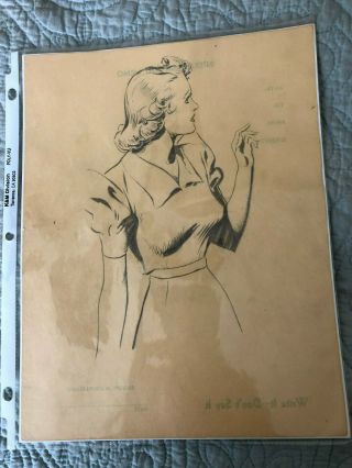 Vintage Pencil Sketch Pin - Up Girl 1940 