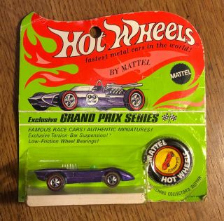 1970 Hot Wheels Redline On Card Purple Ferrari 312p W/ Button & Decals