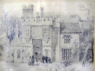 Antique 1890 Pencil Sketch Drawing Of English Manor House W/people Outside Yqz
