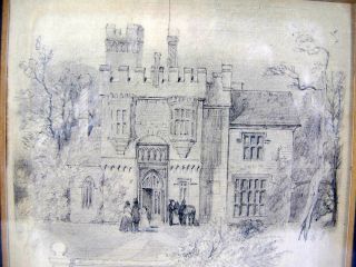 Antique 1890 Pencil Sketch Drawing of English Manor House w/People Outside yqz 3