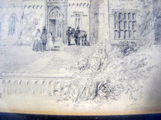 Antique 1890 Pencil Sketch Drawing of English Manor House w/People Outside yqz 5
