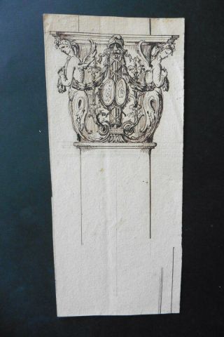 French School 18thc - Architectural Study Capital - Ink Drawing