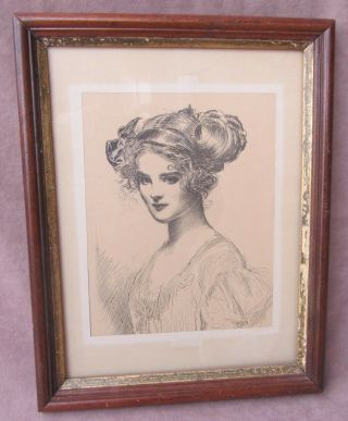 Antique Pen & Ink Sketch Portrait Of Woman Framed 1887