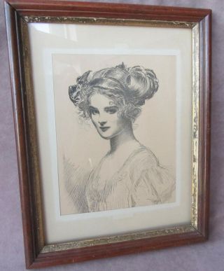 Antique Pen & Ink Sketch Portrait of Woman Framed 1887 8