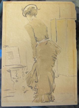 Antique Albert Sterner Ink Drawing " Young Woman Viewing Prints " 1904