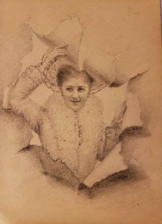 1898 Amiens,  France Hand Drawn Pencil Sketch " Lady With Hat " Signed Rdgk