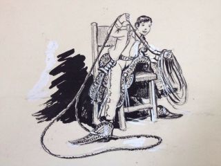 1940s Vtg Art Boy Playing Cowboy Childrens Book Illustration B&w