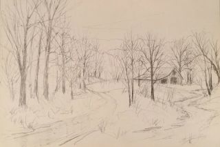 B.  1920 W.  Harold Hancock Barn Sketch Drawing Brown County Indiana Landscape