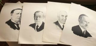 4 Vtg Signed Spooner President Sketch Portrait 1974 Taft Wilson Harding Coolidge