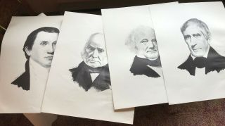 4 Vtg Signed E Spooner President Sketch 1974 Monroe Adams Van Buren Harrison