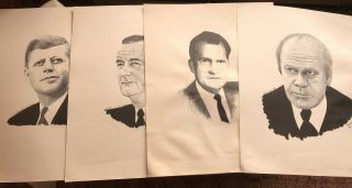 4 Vtg Signed Spooner President Sketch Portraits 1974 Kennedy Johnson Nixon Ford