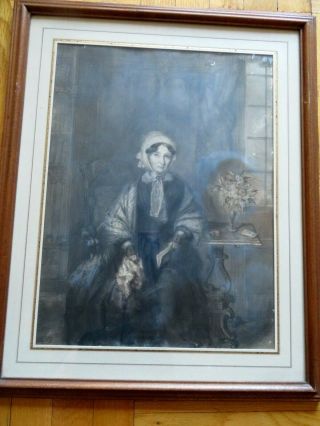 Antique Large 19 Century Framed Drawing On Paper Of A British Lady