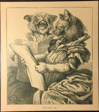 Vintage 1891 Victorian Book Drawing Two Cat Caricatures Singing Together