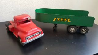 Tonka Toys Red Semi - Tractor w Custom Restore Steel Carrier Trailer J538 2