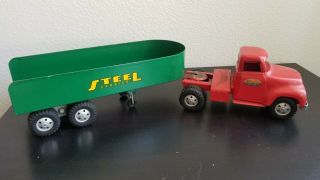 Tonka Toys Red Semi - Tractor w Custom Restore Steel Carrier Trailer J538 6