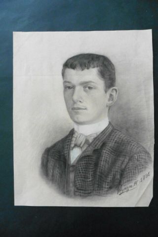 French School 1891 - Portrait Young Man Sign.  Veraza - Charcoal Drawing