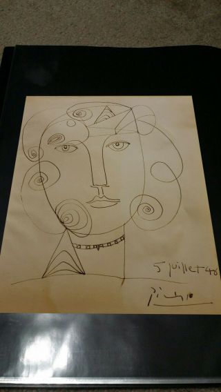 Pablo Picasso Oil Drawing Painting.  Signed.  W/ Old Scriptions