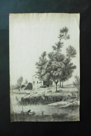 French School Ca.  1820 - Animated River Landscape - Charcoal Drawing