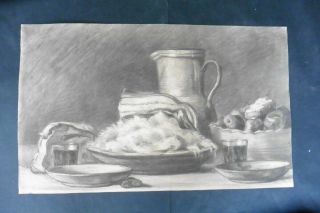 French School 19thc - Still Life With Wine And Fruit - Charcoal Drawing