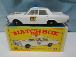 Matchbox/ Lesney 55c Ford Galaxie Police Car White/ Blue Roof Light Bpw Boxed