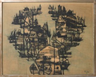 Otto Eglau Signed German Modernist Color Aquatint - Abstract Harbor/townscape