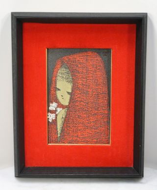 Kaoru Kawano Girl With A Red Hood.  Modern Japanese Woodblock Frame
