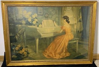 Vintage Victorian Antoni Ditlef Allegro Woman In Red Playing Piano Full Giclee