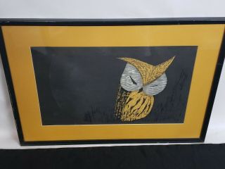 Kaoru Kawano " Moonlight Night " Owl Woodblock Print Mid Century Framed Art 20x14