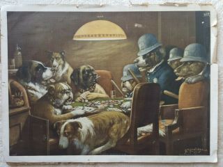 Dogs Playing Poker Pinched With Four Aces Cm Coolidge Vintage Orig Signed Print