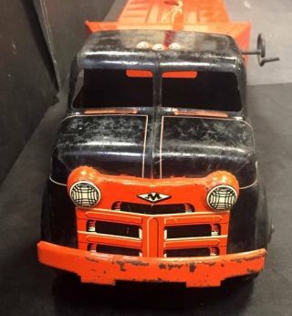 1950 ' S MARX Pressed Steel Tin Litho Lowboy,  Flatbed Toy Semi Tractor Trailer,  NR 2