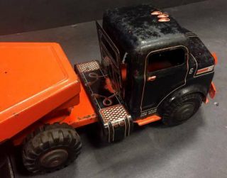 1950 ' S MARX Pressed Steel Tin Litho Lowboy,  Flatbed Toy Semi Tractor Trailer,  NR 4