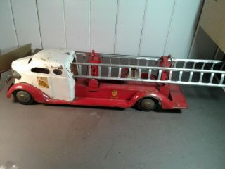 Vintage Pressed Steel Fire Ladder Truck Turner Toys White Cab