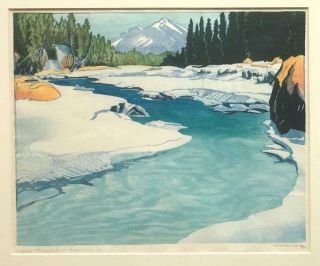Margaret Shelton - Woodcut " Spray River And Goat Mountain " 1943 - Canada