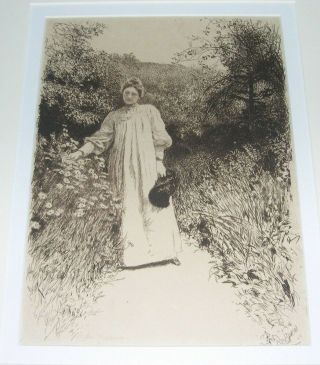 Young Woman On Rural Path Etching,  Hubert Herkomer Well Listed Victorian Artist