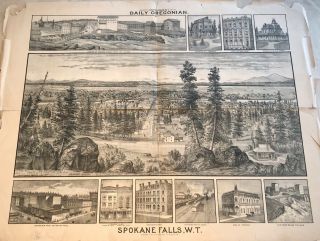 Birds Eye View Of Spokane Falls Washington Territory 1888 Antique Lithograph