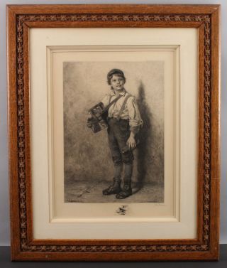 Antique 1887 The Shoeshine Boy H.  P.  Share Etching Aft J.  G.  Brown Painting