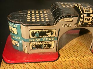 1930 ' s Marx Toys Tin Toy Bus Terminal Station with 2 Pressed Steel Marx 4 
