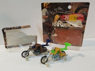 Two Vintage Hot Wheels Mattel Rrrumblers Motorcycle High Tailer (with Packaging)