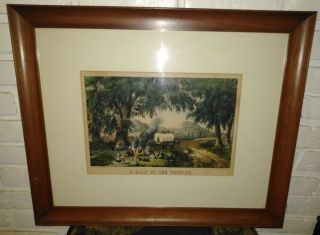 Ca.  1870 Hand Colored Currier And Ives Print - A Halt By The Wayside