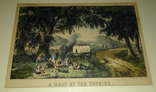 ca.  1870 Hand Colored Currier and Ives Print - A Halt By The Wayside 3