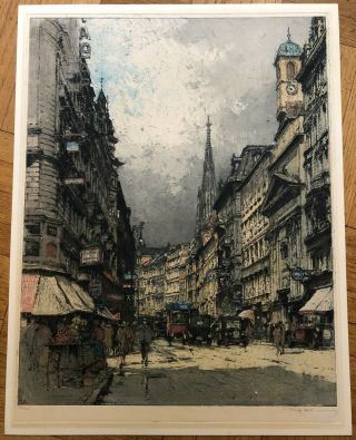 Austrian,  Luigi Kasimir " Vienna,  Kaerntner Street " Color Etching / Signed - 1928