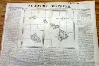 Best 1833 Newspaper Very Early & Rare Map Of Hawaii Sandwich Islands Oahu