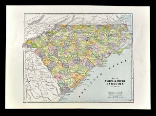 C 1884 Fisk Map - North & South Carolina - Charleston Raleigh Hatteras Columbus