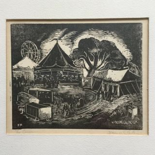 Florence W Parlin Framed Woodblock Circus Art Signed 1930s Ferris Wheel Carousel