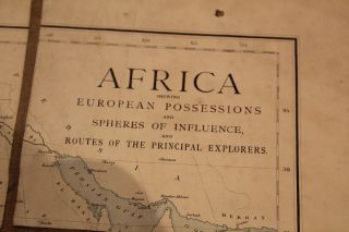 Africa Map shows European Possessions,  Influence Spheres & Explorer Routes 1892 3