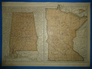 Vintage Circa 1876 Alabama - Minnesota Map Early Old Antique Atlas Map