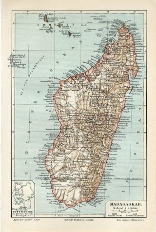1895 Madagascar Comoro Islands Antique Map